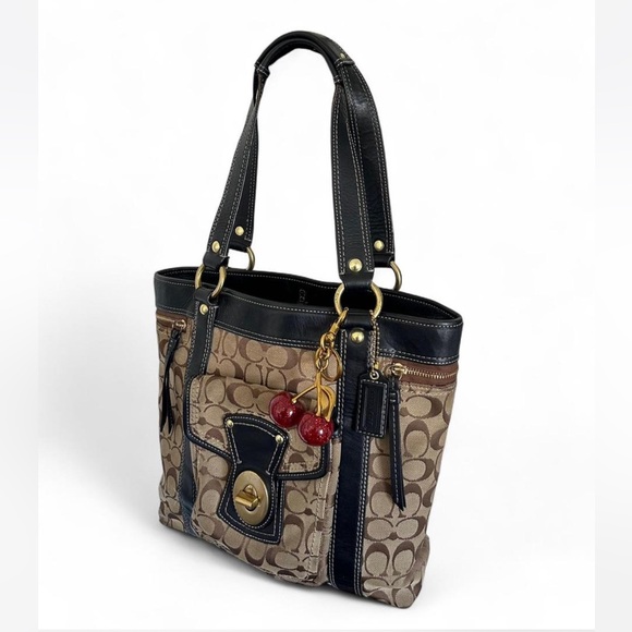 Coach Signature Turnlock Tote – Brown & Black Leather Trim - Picture 1 of 7